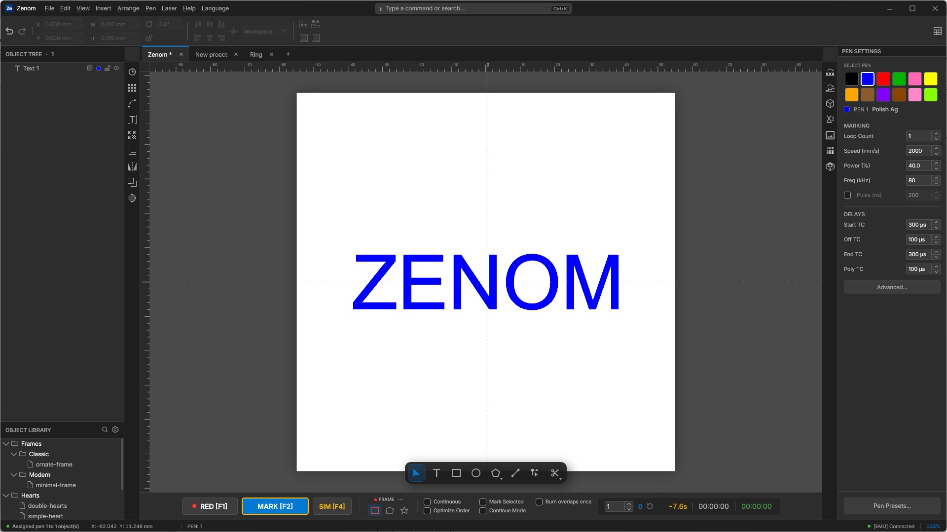 Zenom main window: vector canvas with the ZENOM text object, pen settings panel with marking parameters, object tree and object library