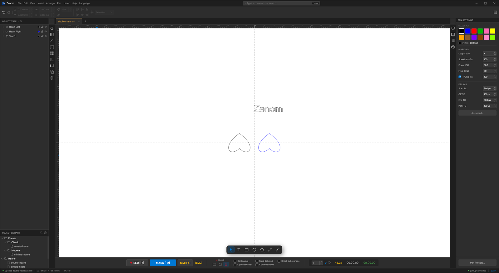 Zenom 1.8 main window: dark interface, vector canvas with a text object and heart outlines, pen settings panel